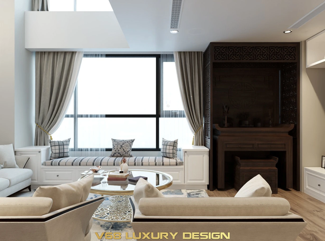 Thiết Kế Căn Hộ Duplex Nội Thất Phong Cách Tân Cổ điển -1 Phòng Khách Bàn Thờ