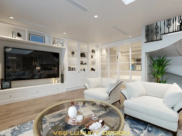 Thiết Kế Căn Hộ Duplex Nội Thất Phong Cách Tân Cổ điển -1 Phòng Khách Kệ Tivi 2