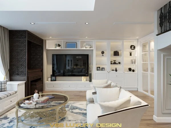 Thiết Kế Căn Hộ Duplex Nội Thất Phong Cách Tân Cổ điển -1 Phòng Khách Kệ Tivi