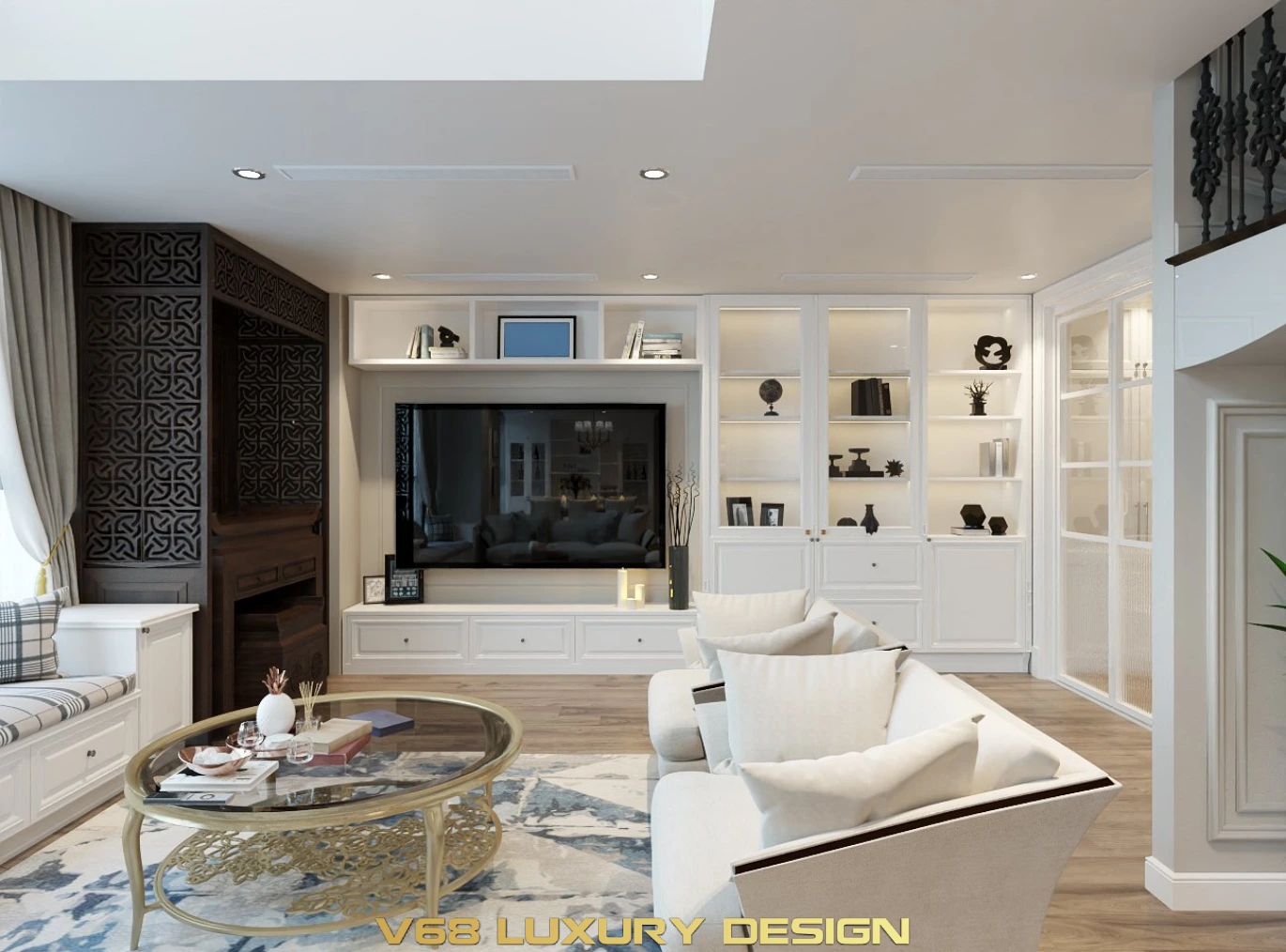 Thiết Kế Căn Hộ Duplex Nội Thất Phong Cách Tân Cổ điển -1 Phòng Khách Kệ Tivi