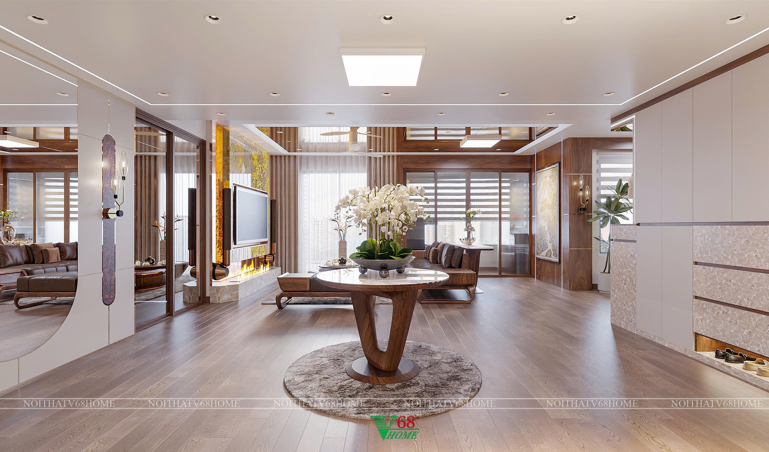 Phòng khách biệt thự sang trọng sử dụng toàn bộ nội thất gỗ óc chó cao cấp từ V68 Home