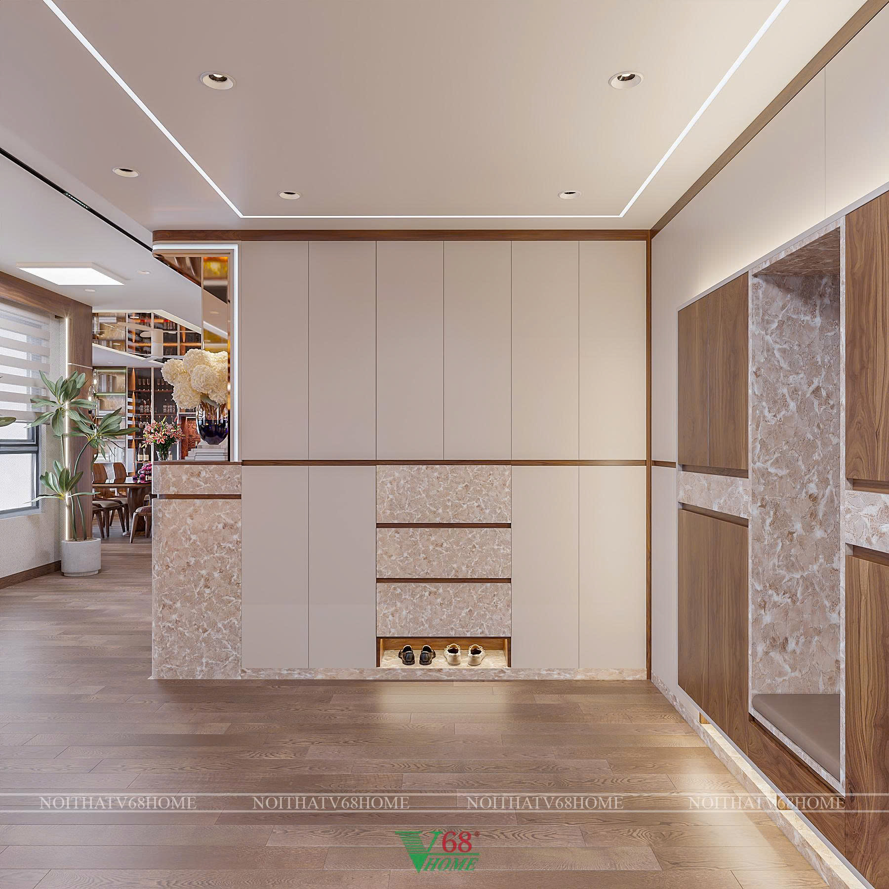 Kệ tivi và vách ốp tường bằng gỗ óc chó tự nhiên trong thiết kế của V68 Home