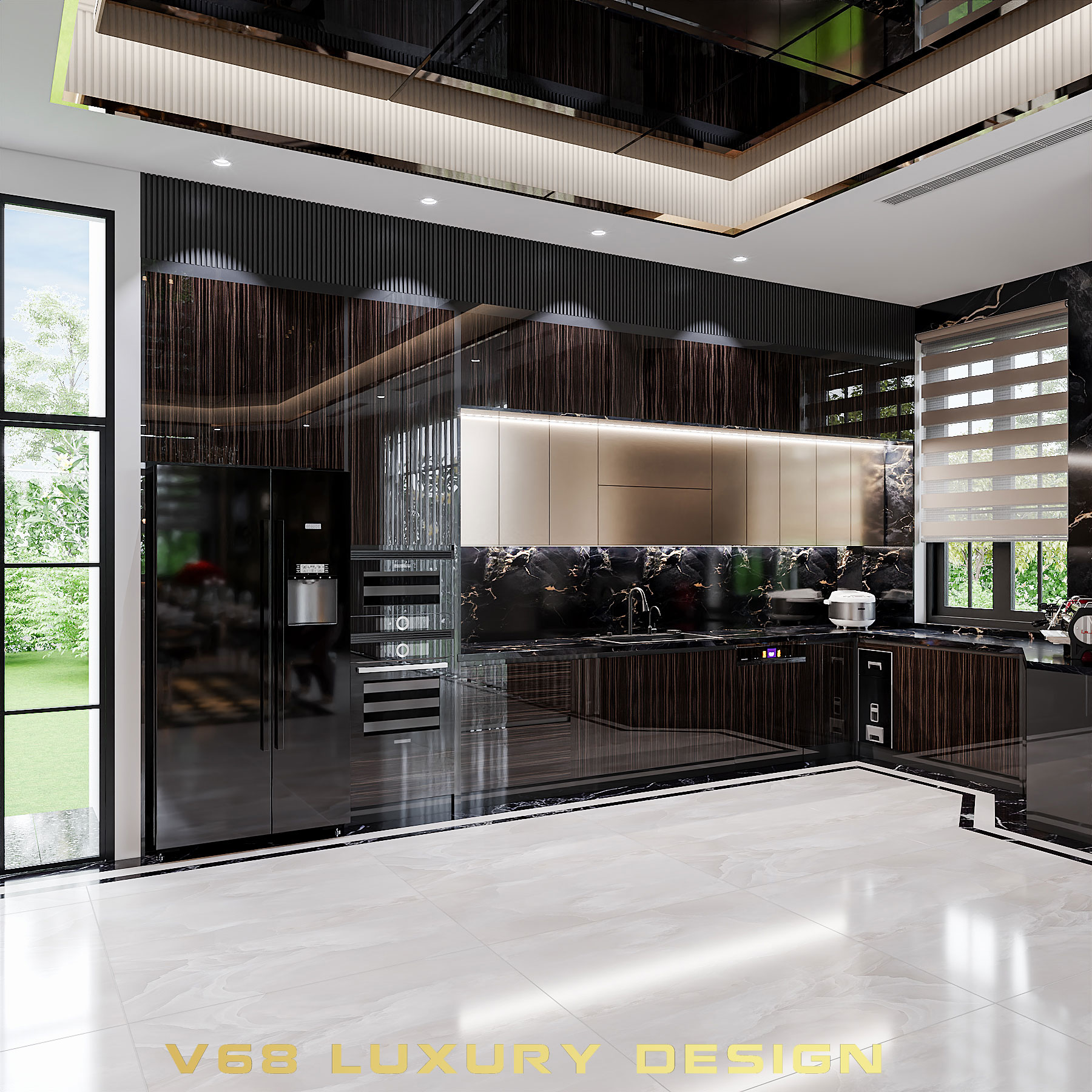 Tổng thể không gian phòng bếp và phòng ăn biệt thự Luxury V68.