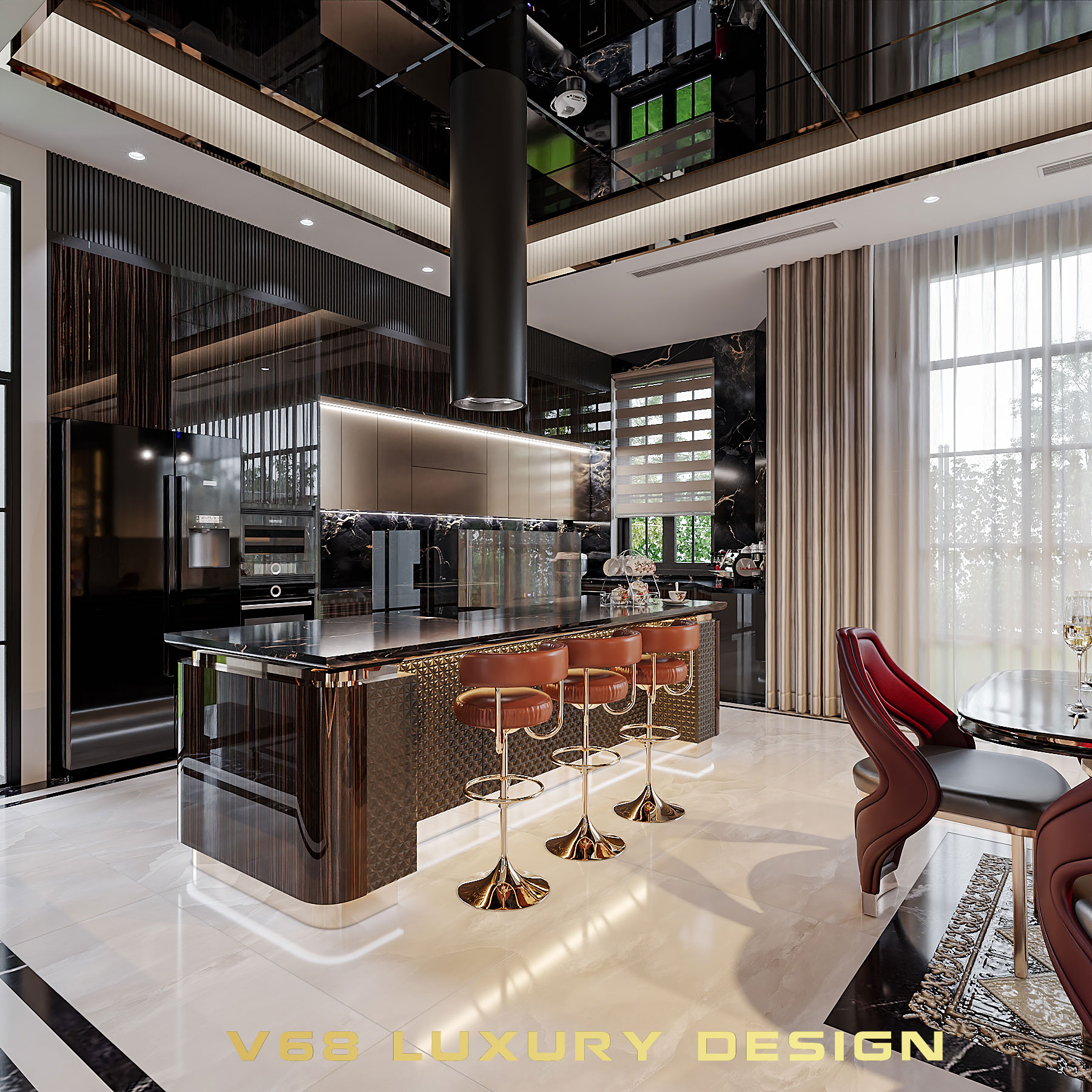 Cận cảnh không gian bếp biệt thự Luxury V68 Home với hệ thống đèn chiếu sáng tinh tế.