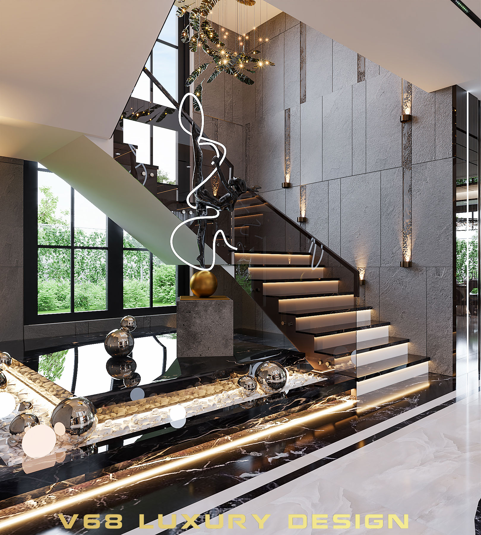 Mẫu cầu thang xoắn ốc nghệ thuật trong thiết kế nội thất biệt thự Luxury.