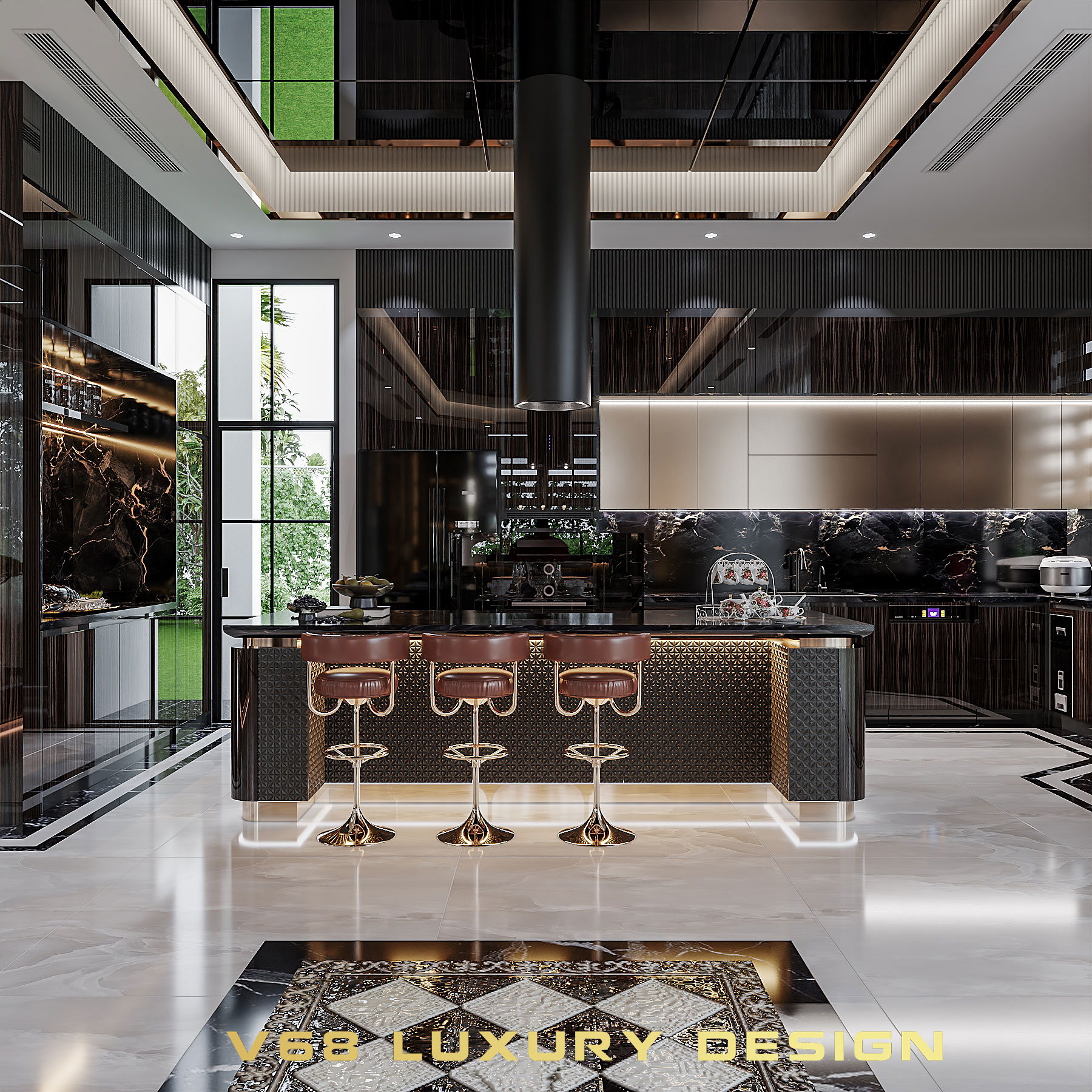 Thiết kế phòng bếp biệt thự phong cách Luxury với tủ bếp gỗ óc chó và đá marble sang trọng.