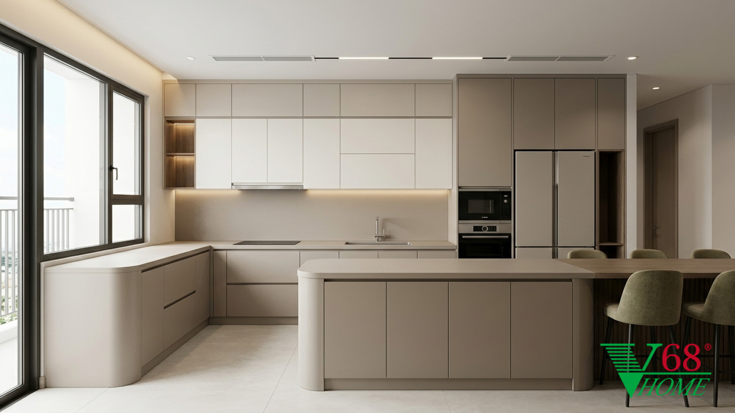 Tủ bếp hiện đại chữ L không tay nắm, bề mặt laminate siêu mờ màu kem ngà, tích hợp đèn LED và mặt bếp bền bỉ