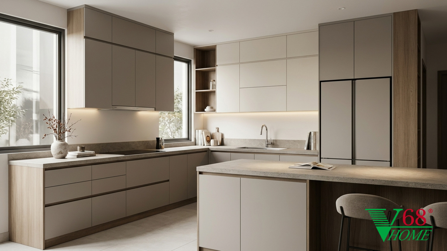 Phòng bếp phong cách Warm Contemporary với hệ tủ phẳng và thiết bị giấu kín