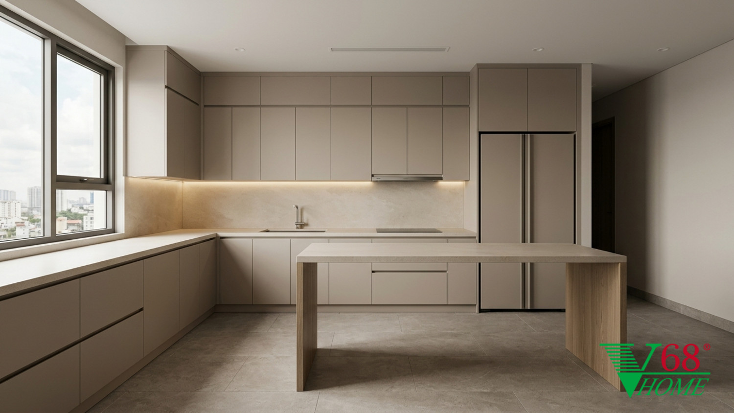 Không gian bếp chung cư cao cấp sử dụng bề mặt laminate mờ