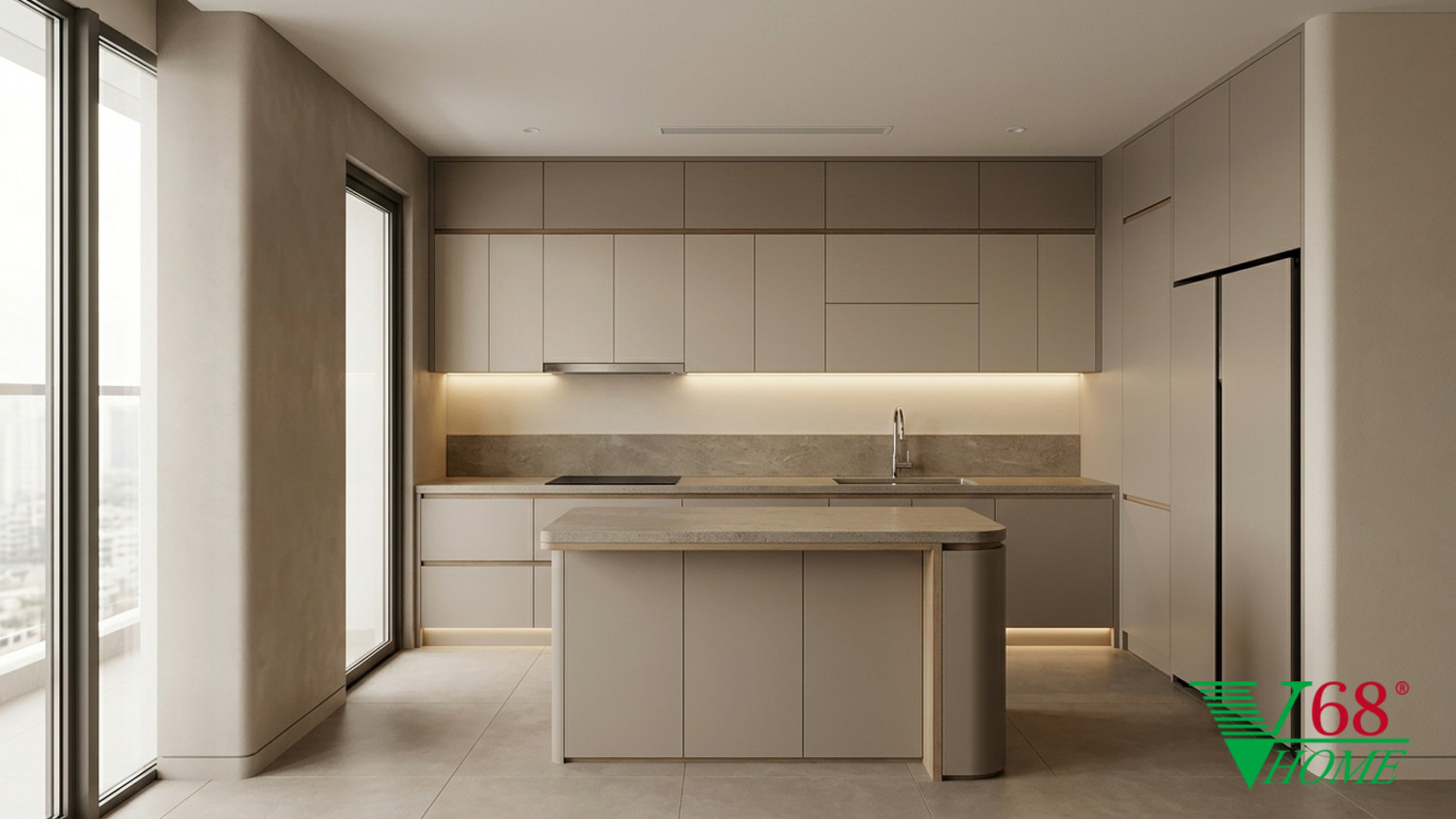 Phòng bếp chung cư cao cấp sử dụng gỗ công nghiệp An Cường phủ laminate siêu mờ chống vân tay