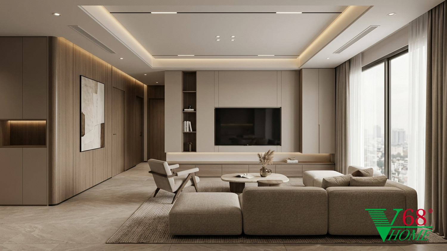Nội thất phòng khách chung cư hiện đại với sofa nỉ màu be, bàn trà bo tròn và hệ tủ kịch trần màu trắng sữa
