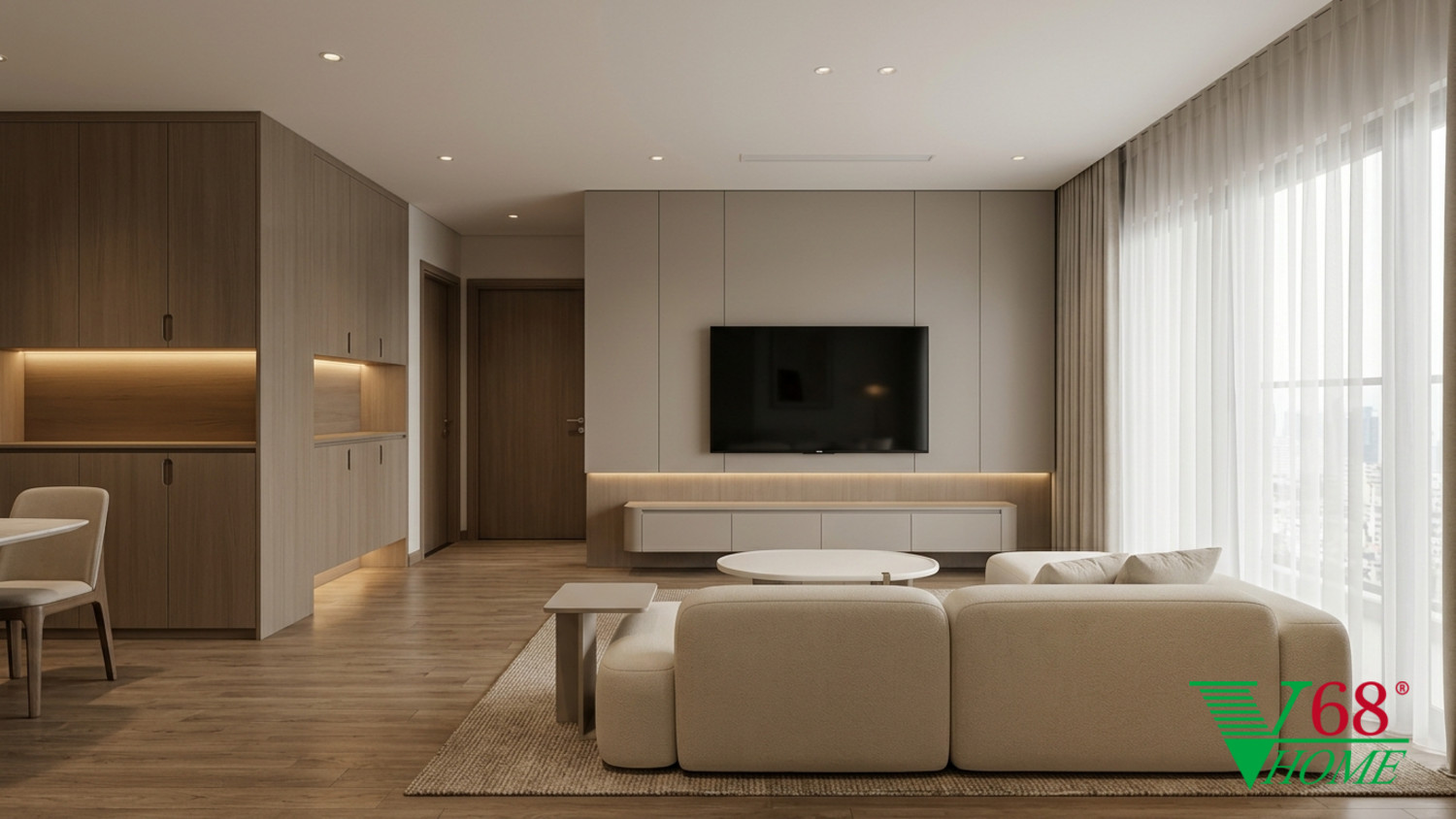 Phòng khách nội thất chung cư hiện đại với sofa bọc vải kem ngà và hệ tủ phẳng