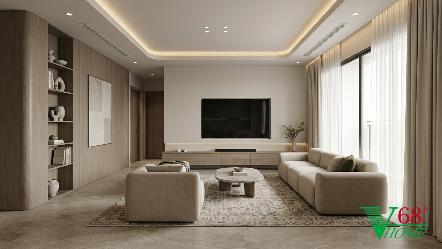 Phòng khách nội thất chung cư hiện đại với sofa vải dệt thô và hệ vách ốp màu ghi ấm