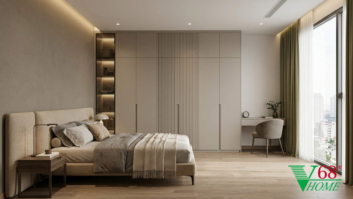 Thiết kế phòng ngủ phụ đa năng trong căn hộ hiện đại, sử dụng nội thất thông minh và gam màu trung tính