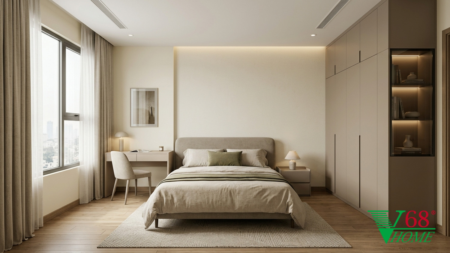 Phòng ngủ phụ tối giản ấm áp trang bị nội thất đa năng và các góc cạnh bo tròn.
