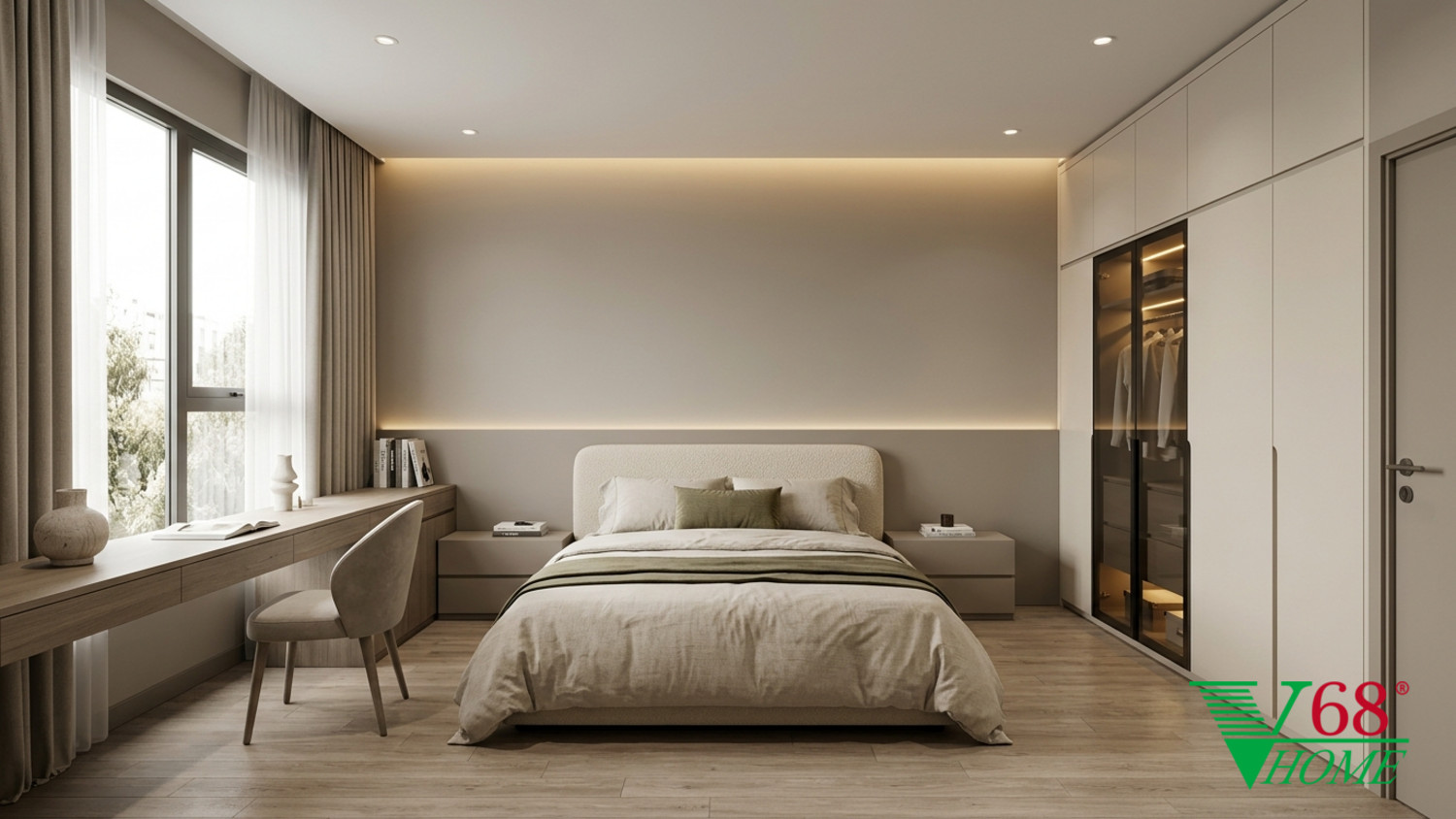 Phòng ngủ phụ tối ưu công năng với hệ tủ lưu trữ kịch trần