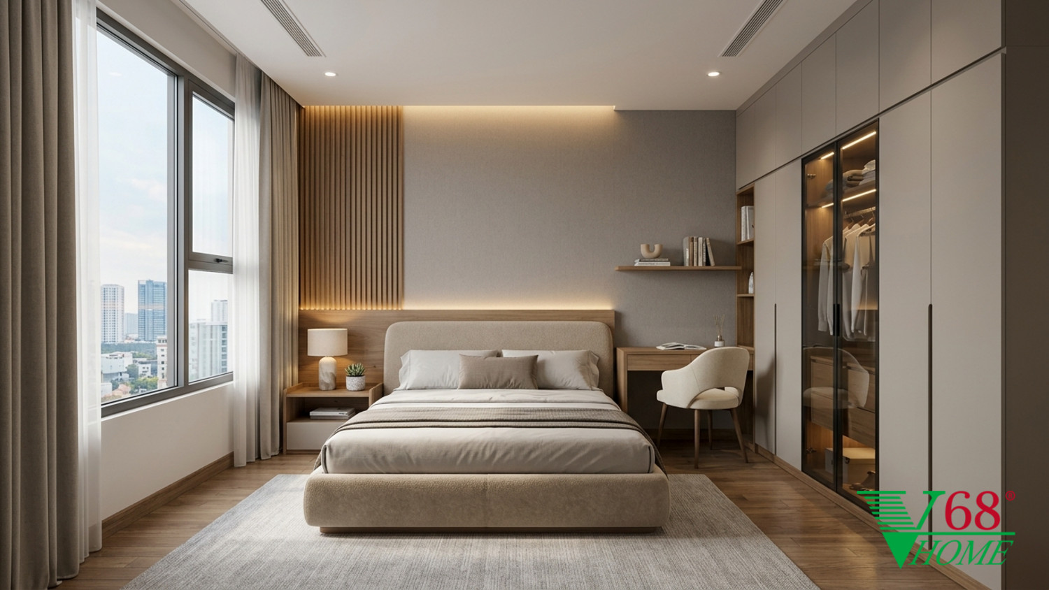 Phòng ngủ tối giản với tông màu trắng sữa và nâu gỗ, giường ngủ hiện đại và tủ quần áo phẳng