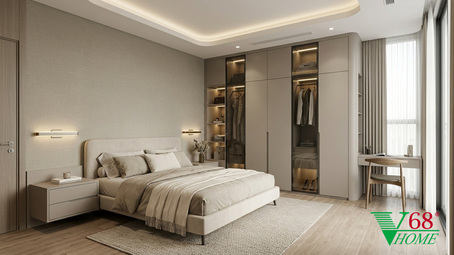 Phòng ngủ 3 nhỏ gọn nhưng tiện nghi với tủ âm tường và rèm vải hai lớp