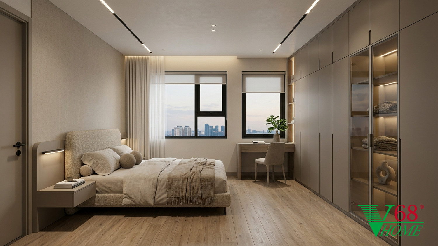 Phòng ngủ nhỏ thiết kế hiện đại tối ưu ánh sáng tự nhiên và sử dụng màu xanh olive nhạt