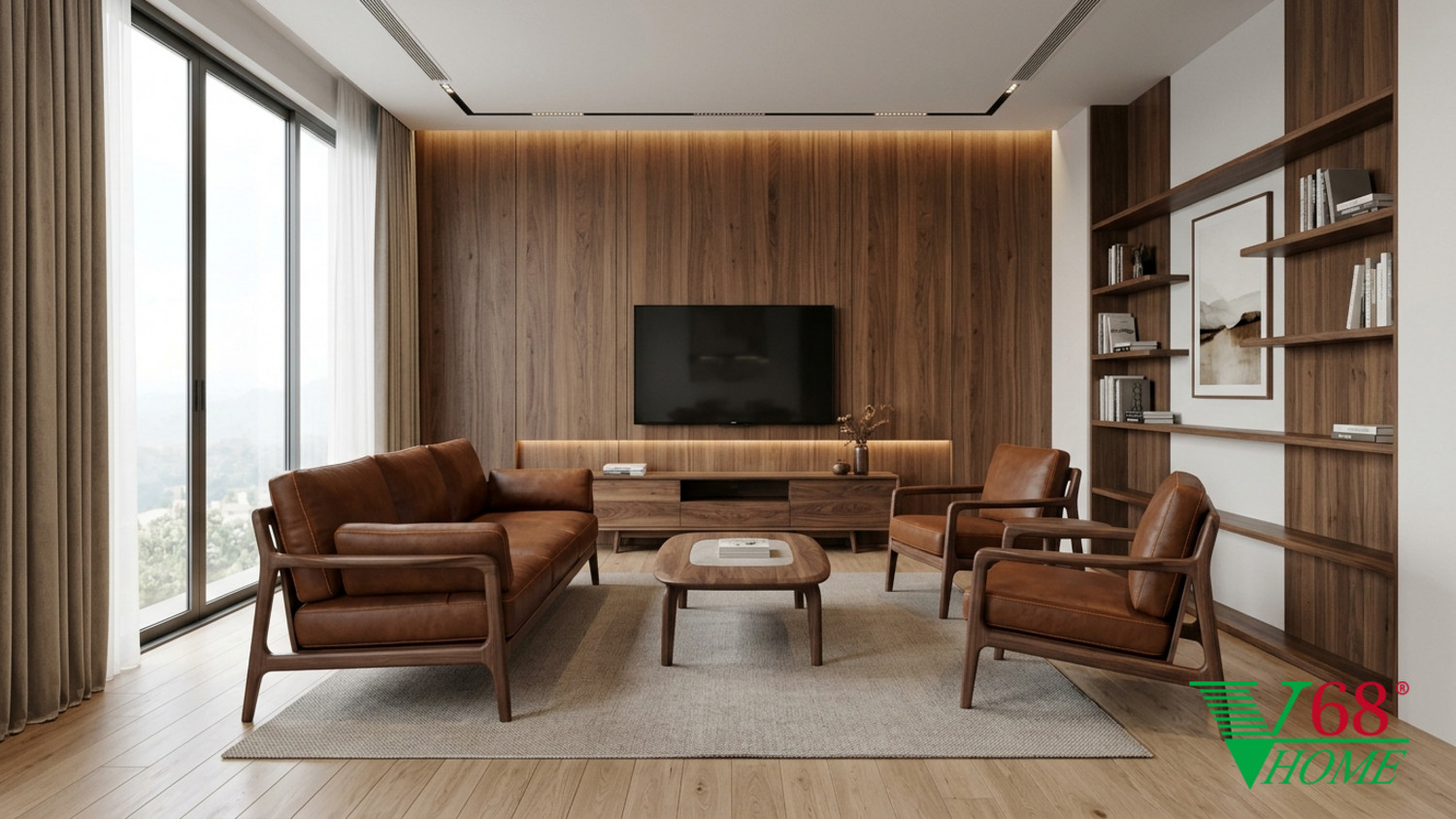 Không gian phòng khách nội thất gỗ óc chó Bắc Mỹ với sofa khung gỗ lộ kết cấu và đệm bọc da bò thật màu cognac