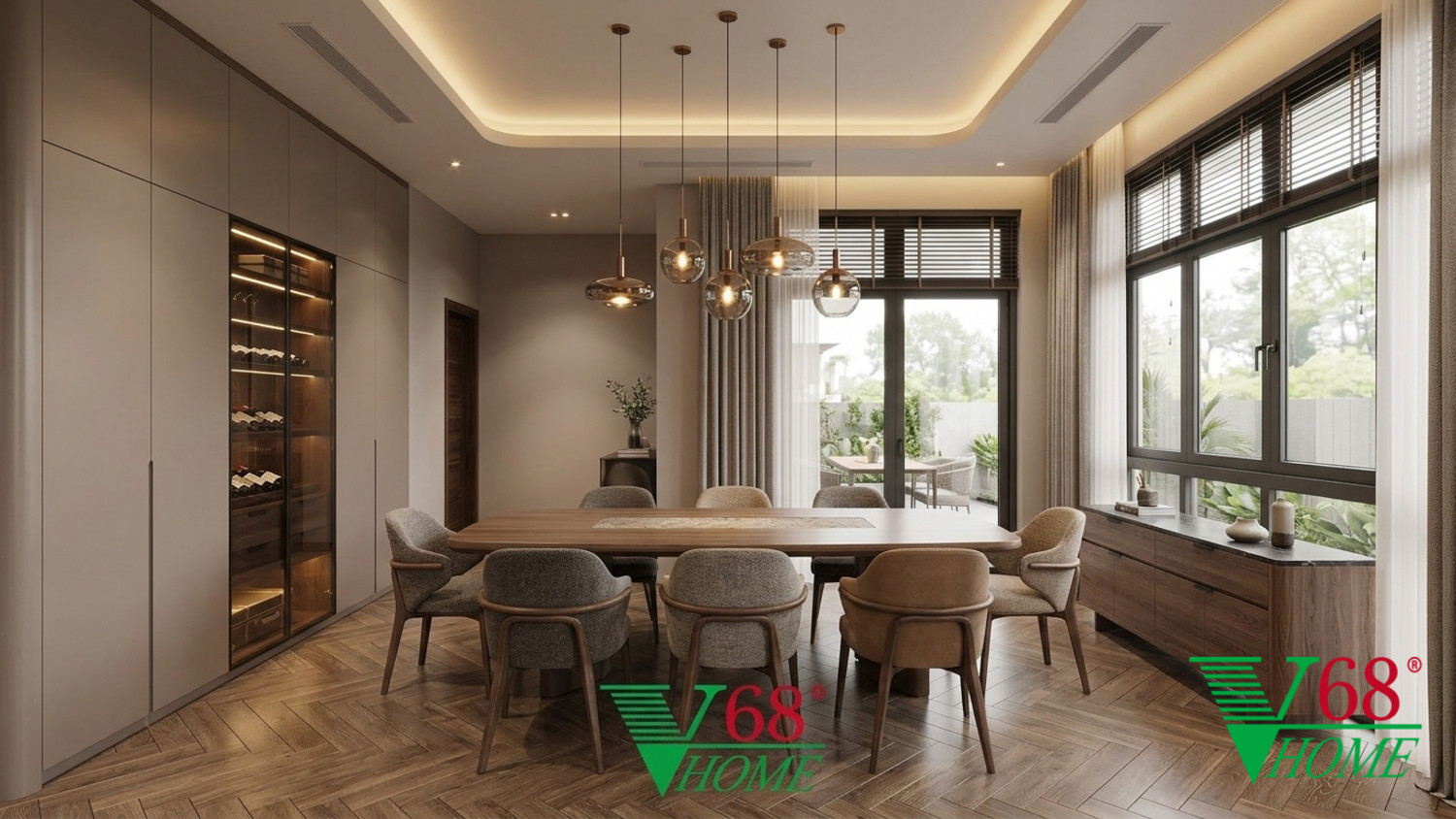 Bộ bàn ăn 6 ghế hiện đại cho nhà phố, ghế bọc nệm màu ghi và bàn ăn gỗ có góc bo tròn tinh tế