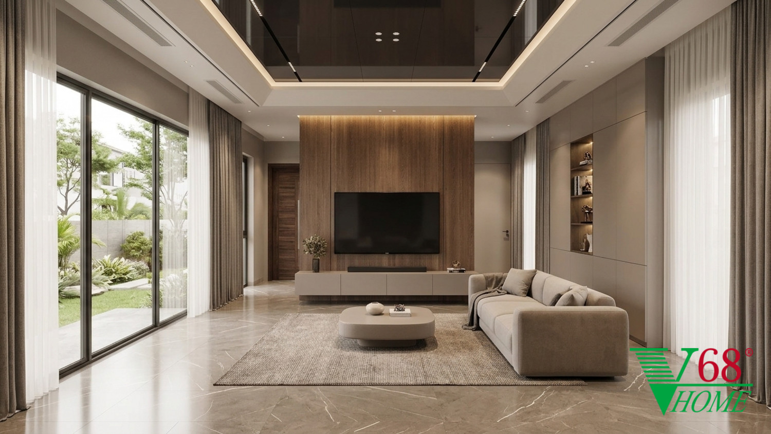 Nội thất phòng khách nhà phố hiện đại với sofa vải màu be, bàn trà bo tròn và hệ tủ kệ gỗ An Cường màu nâu cacao