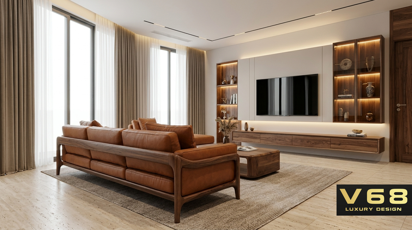 Thiết kế phòng khách biệt thự gỗ óc chó Bắc Mỹ với sofa da bò thật màu Cognac và khung gỗ điêu khắc