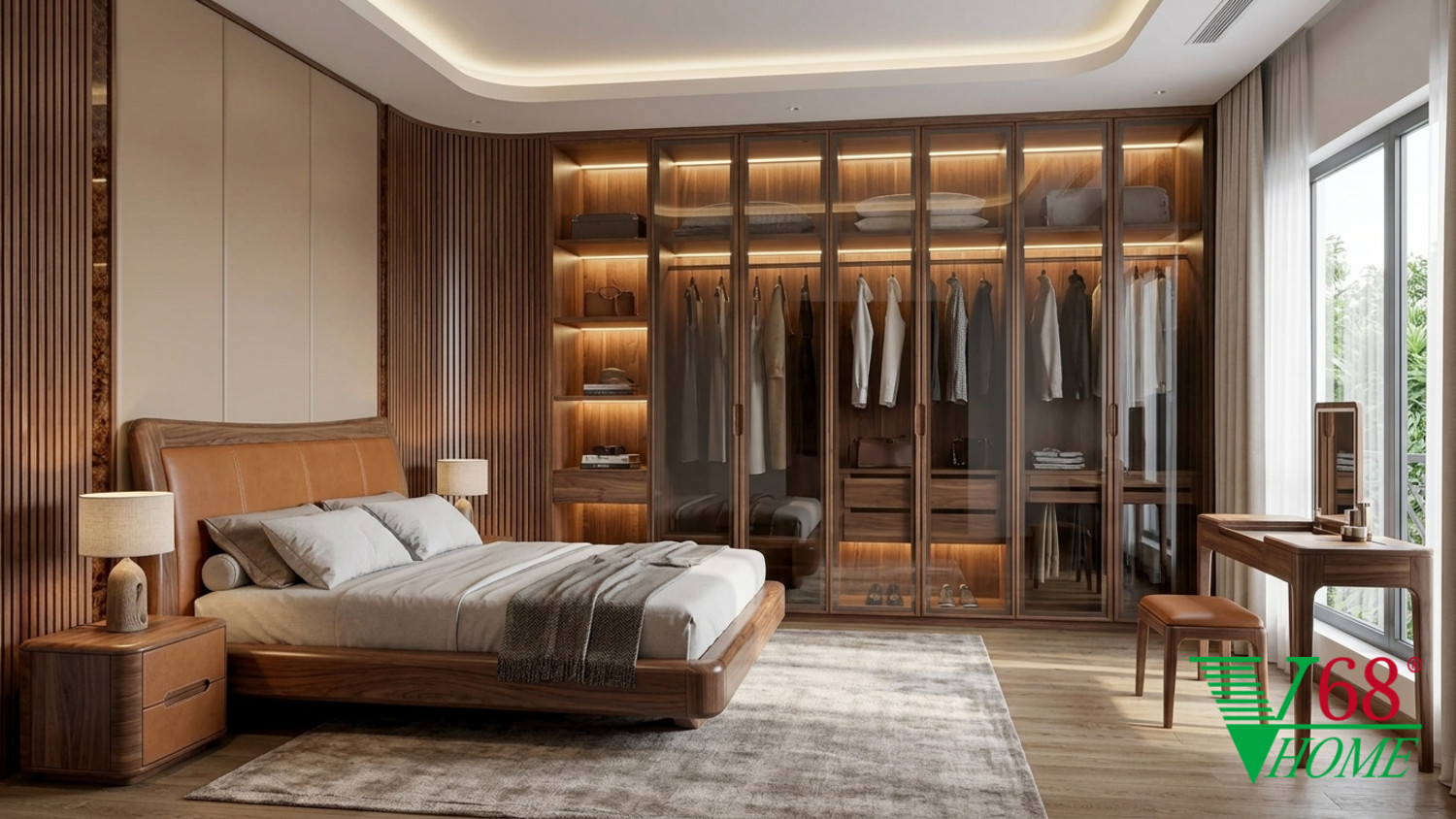 Nội thất phòng ngủ master biệt thự gỗ óc chó với giường ngủ dạng bay và hệ tủ quần áo cánh kính màu trà khung gỗ óc chó.