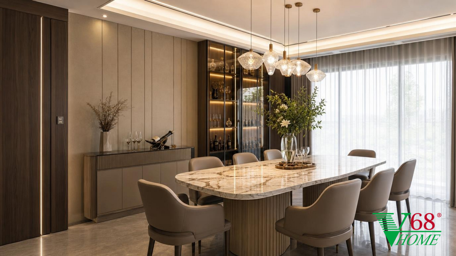 Phòng ăn Luxury hiện đại nội thất biệt thự hiện đại 2026 CONTEMPORARY QUIET LUXURY: premium An Cuong engineered-wood laminate/acrylic with phối cảnh 3D V68 Home