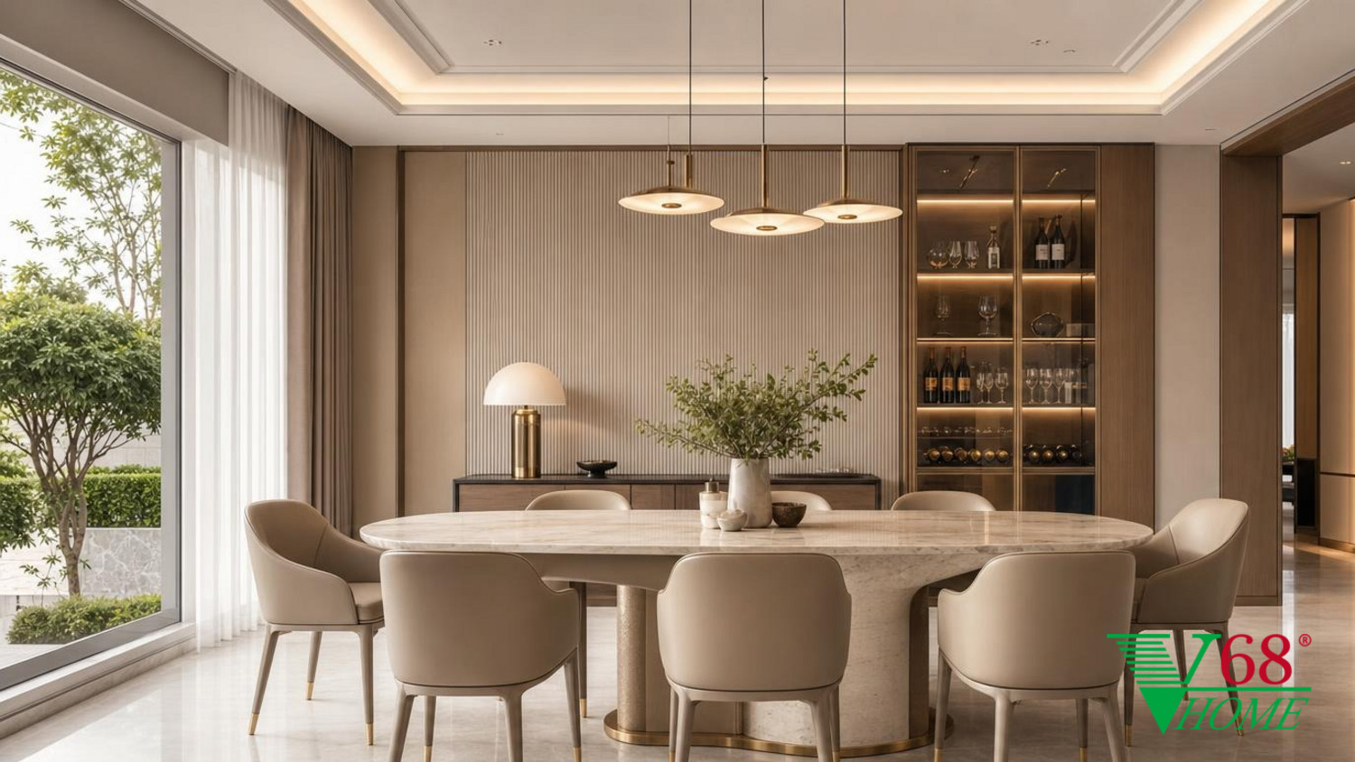 Phòng ăn Luxury hiện đại nội thất biệt thự hiện đại gỗ công nghiệp cao cấp bề mặt mờ, đá tự nhiên, da hoặc vải dệt, kính trà và kim loại màu champagne phối cảnh 3D V68 Home