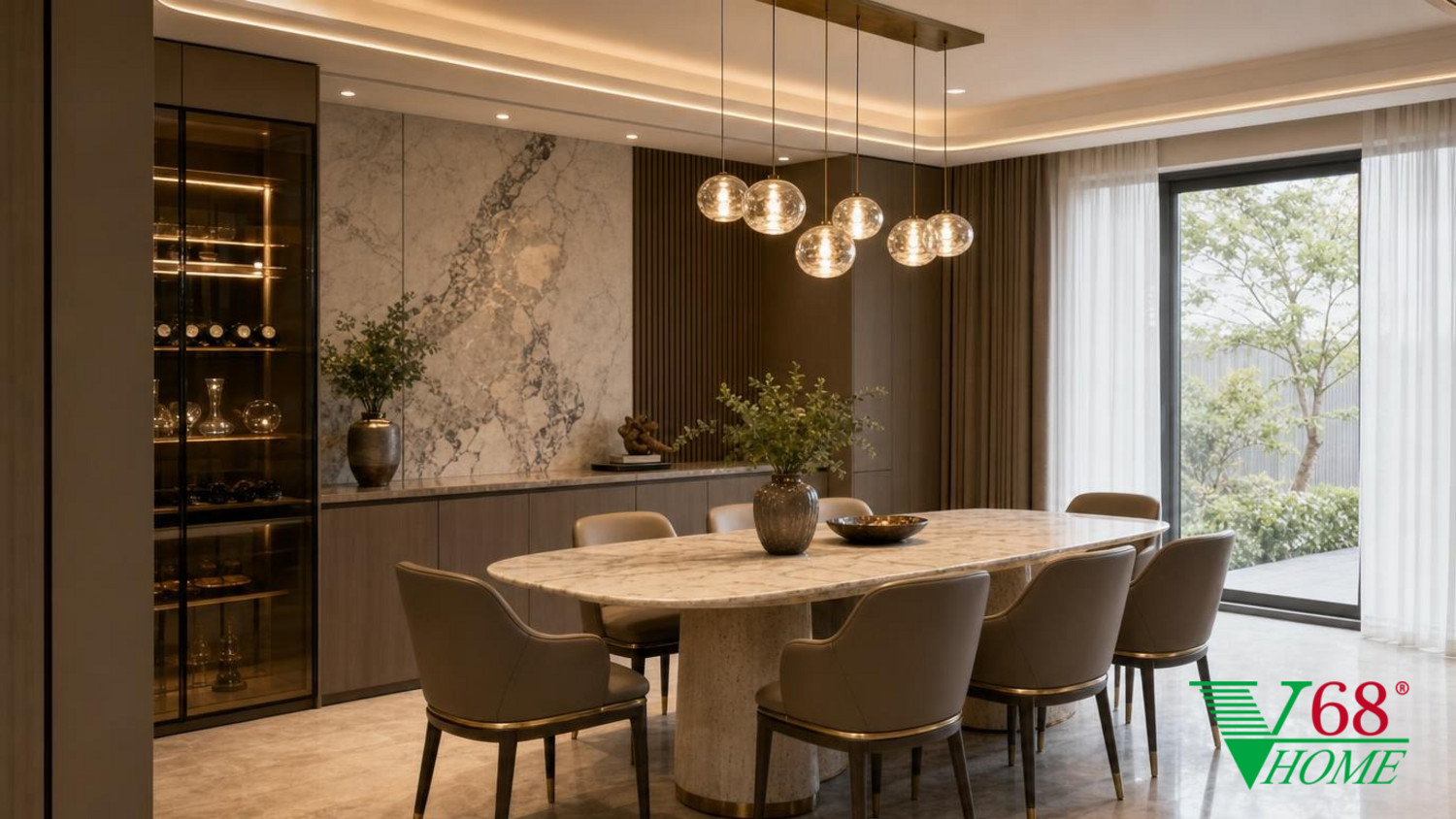 Phòng ăn Luxury hiện đại nội thất biệt thự hiện đại gỗ công nghiệp cao cấp bề mặt mờ, đá tự nhiên, da hoặc vải dệt, kính trà và kim loại màu champagne phối cảnh 3D V68 Home
