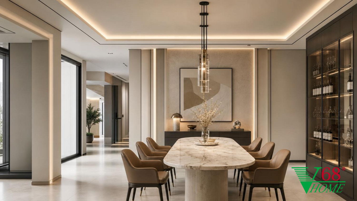 Phòng ăn Hiện đại sang trọng gỗ hoàn thiện mờ, đá tự nhiên, da, kính và kim loại cao cấp V68 Home