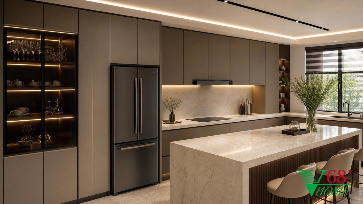 Phòng bếp Luxury hiện đại nội thất biệt thự hiện đại 2026 CONTEMPORARY QUIET LUXURY: premium An Cuong engineered-wood laminate/acrylic with phối cảnh 3D V68 Home