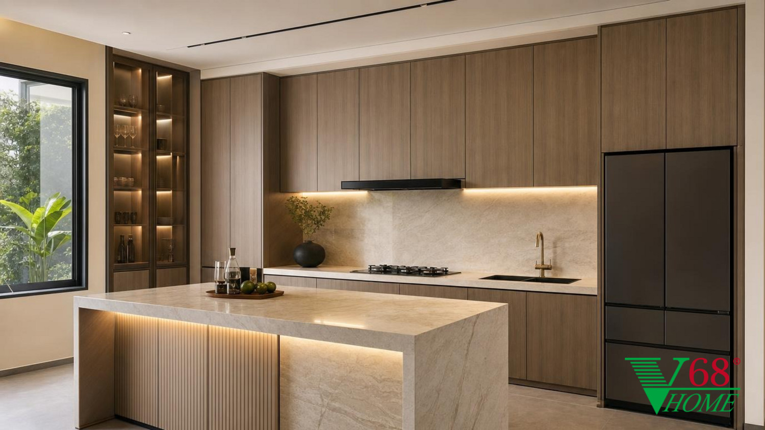 Phòng bếp Luxury hiện đại nội thất biệt thự hiện đại gỗ công nghiệp cao cấp bề mặt mờ, đá tự nhiên, da hoặc vải dệt, kính trà và kim loại màu champagne phối cảnh 3D V68 Home