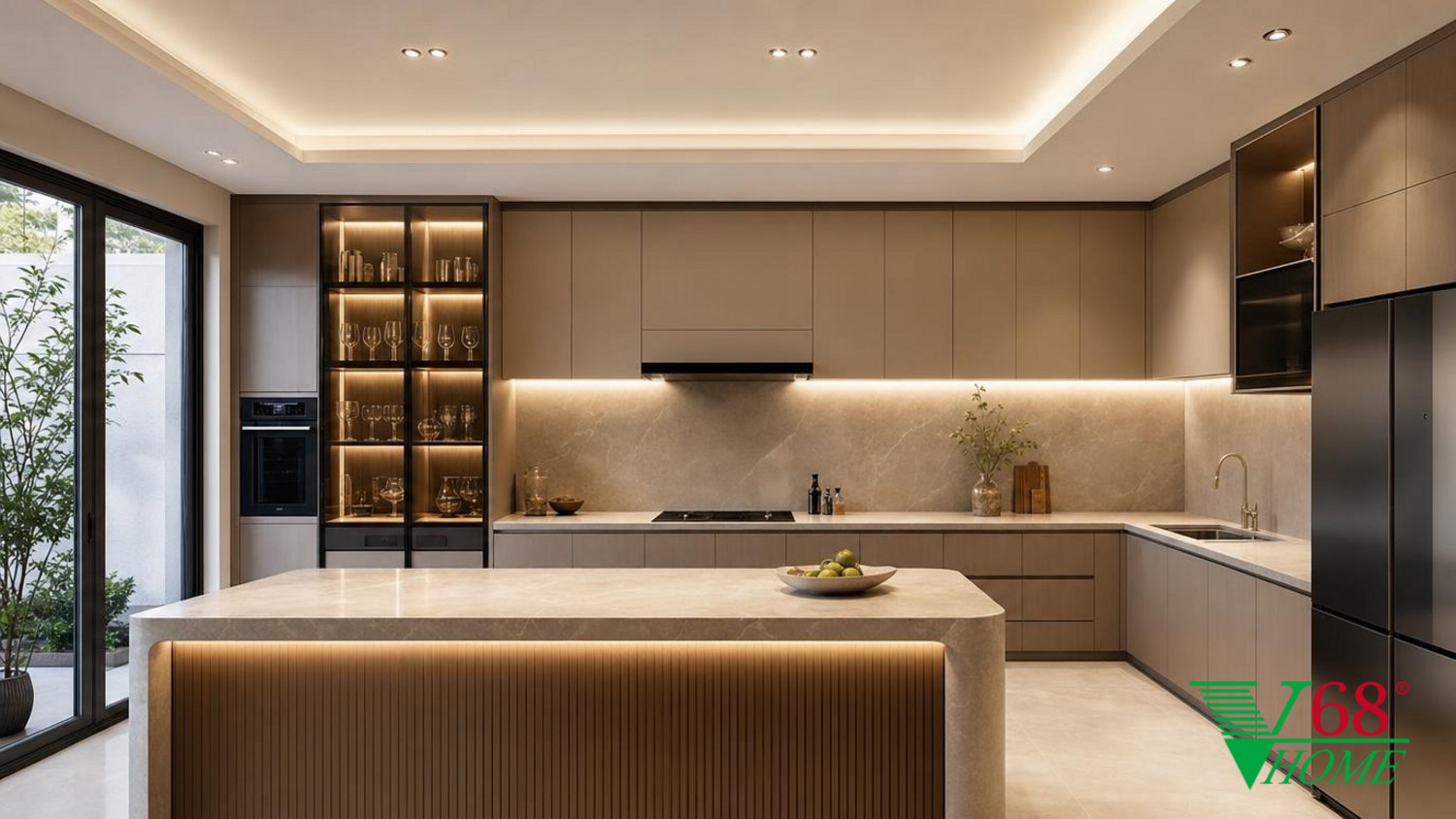 Phòng bếp Luxury hiện đại nội thất biệt thự hiện đại gỗ công nghiệp cao cấp bề mặt mờ, đá tự nhiên, da hoặc vải dệt, kính trà và kim loại màu champagne phối cảnh 3D V68 Home