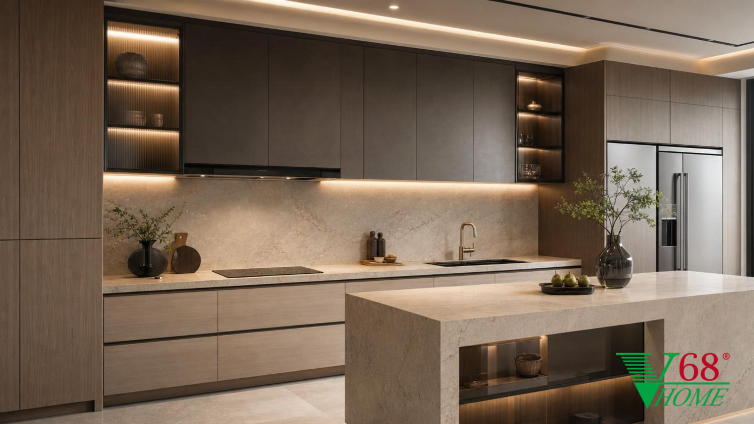 Phòng bếp Hiện đại sang trọng nội thất biệt thự hiện đại gỗ hoàn thiện mờ, đá tự nhiên, da, kính và