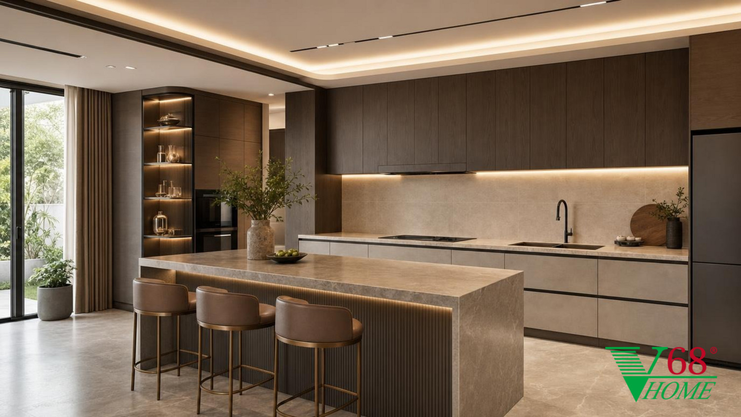 Phòng bếp Hiện đại sang trọng nội thất biệt thự hiện đại gỗ hoàn thiện mờ, đá tự nhiên, da, kính và