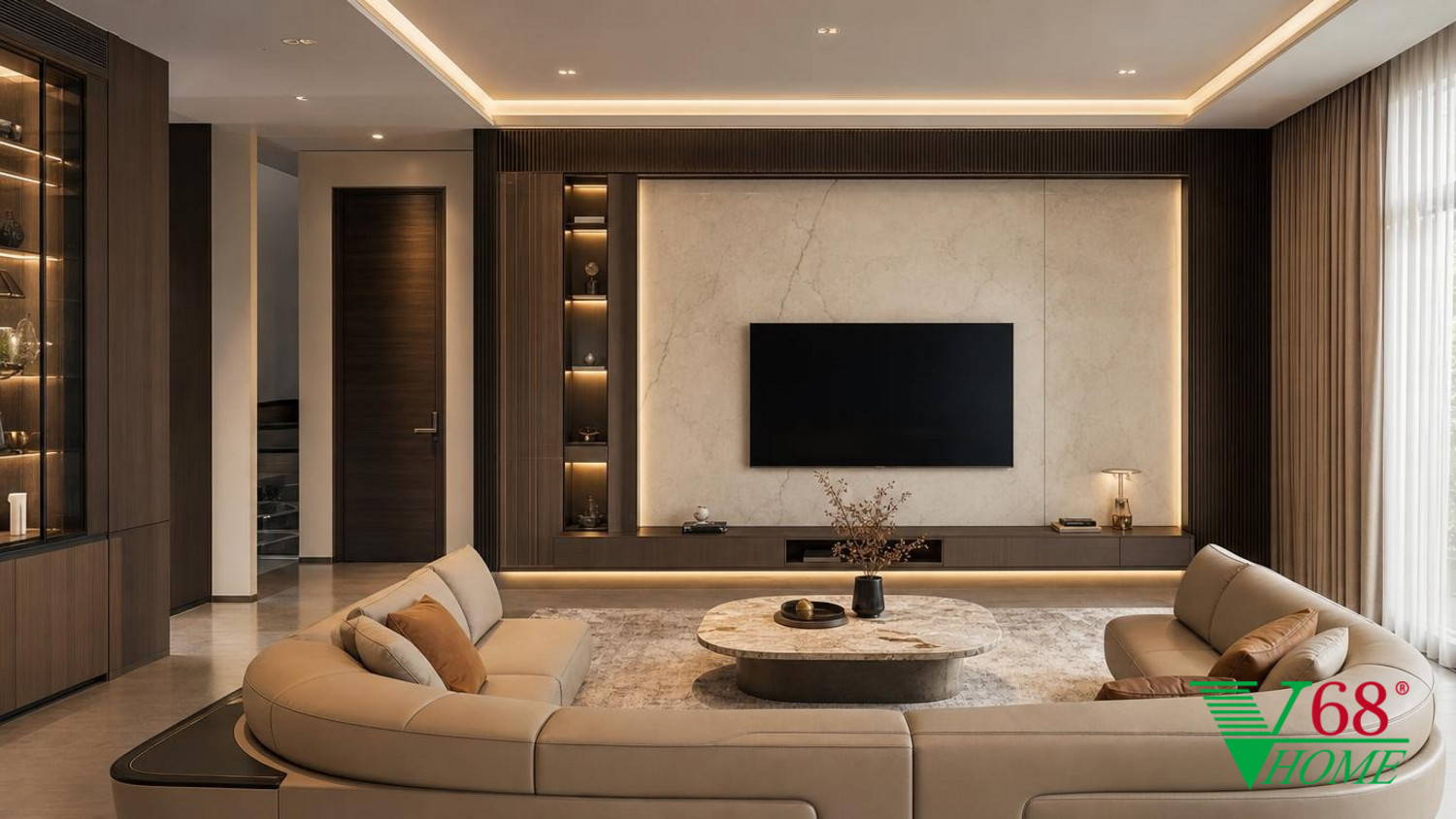 Phòng khách Luxury hiện đại nội thất biệt thự hiện đại 2026 CONTEMPORARY QUIET LUXURY: premium An Cuong engineered-wood laminate/acrylic with phối cảnh 3D V68 Home