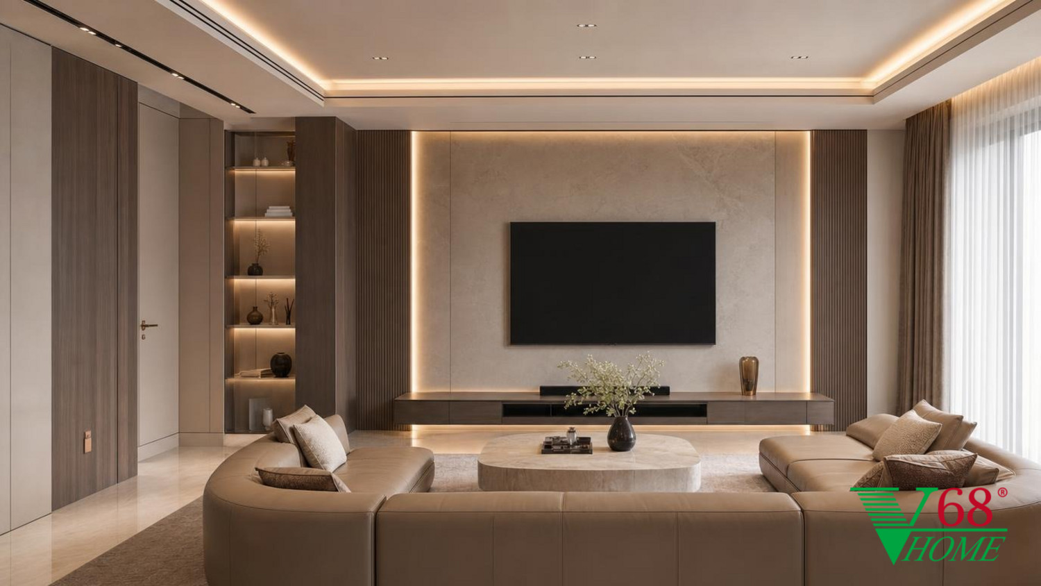 Phòng khách Luxury hiện đại nội thất biệt thự hiện đại gỗ công nghiệp cao cấp bề mặt mờ, đá tự nhiên, da hoặc vải dệt, kính trà và kim loại màu champagne phối cảnh 3D V68 Home