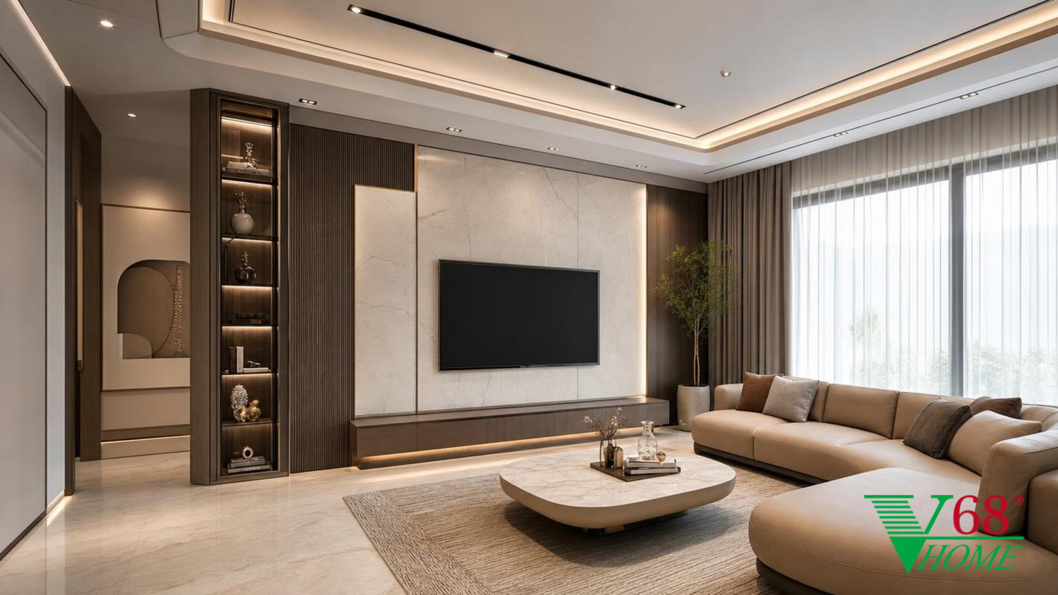 Phòng khách Luxury hiện đại nội thất biệt thự hiện đại gỗ công nghiệp cao cấp bề mặt mờ, đá tự nhiên, da hoặc vải dệt, kính trà và kim loại màu champagne phối cảnh 3D V68 Home