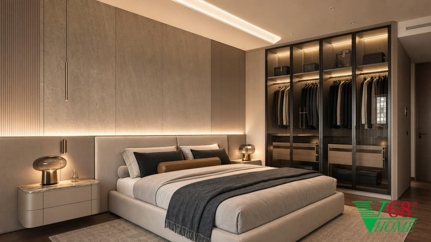 Phòng ngủ 1 Luxury hiện đại nội thất biệt thự hiện đại 2026 CONTEMPORARY QUIET LUXURY: premium An Cuong engineered-wood laminate/acrylic with phối cảnh 3D V68 Home
