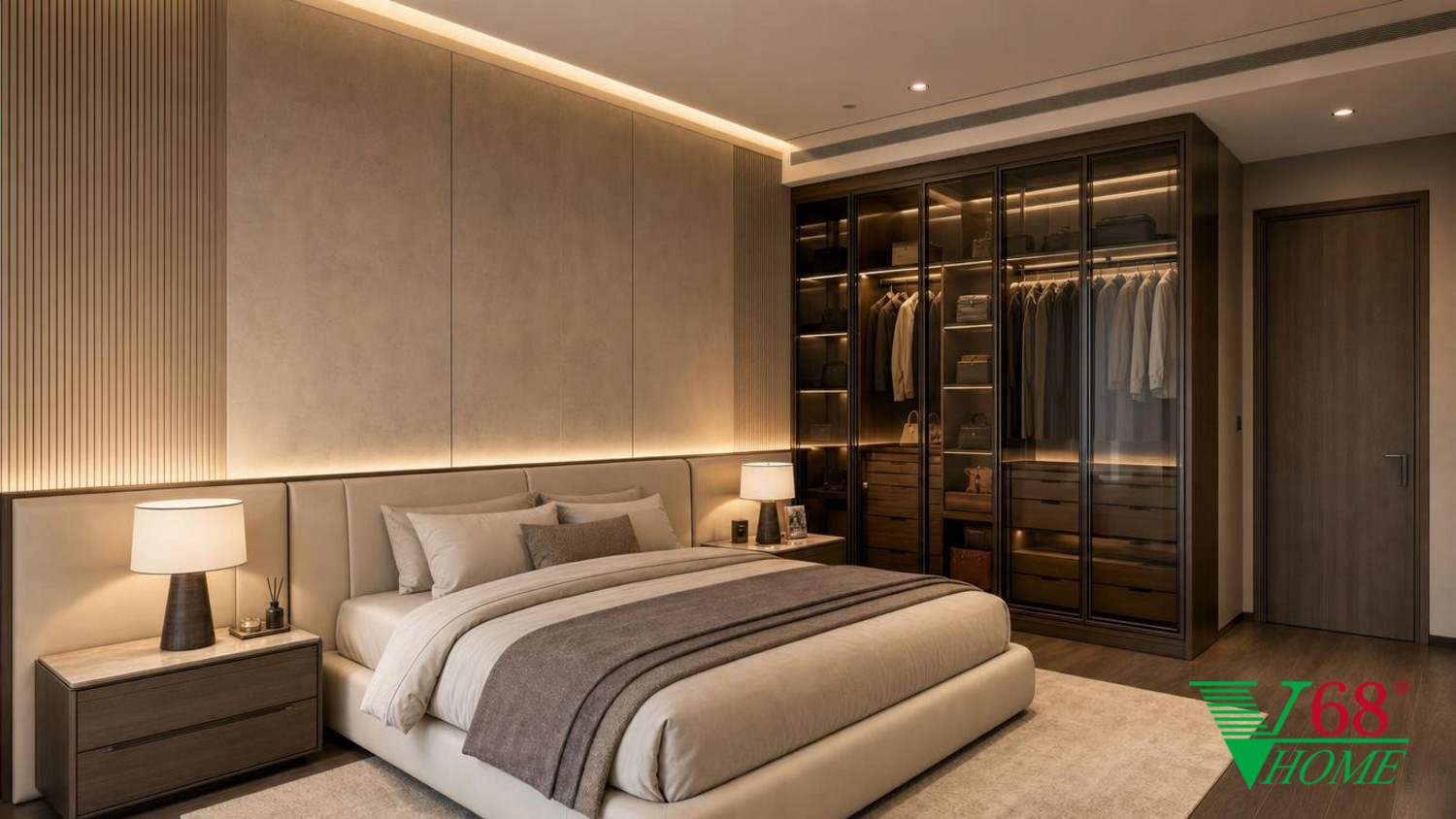 Phòng ngủ 1 Luxury hiện đại nội thất biệt thự hiện đại gỗ công nghiệp cao cấp bề mặt mờ, đá tự nhiên, da hoặc vải dệt, kính trà và kim loại màu champagne phối cảnh 3D V68 Home