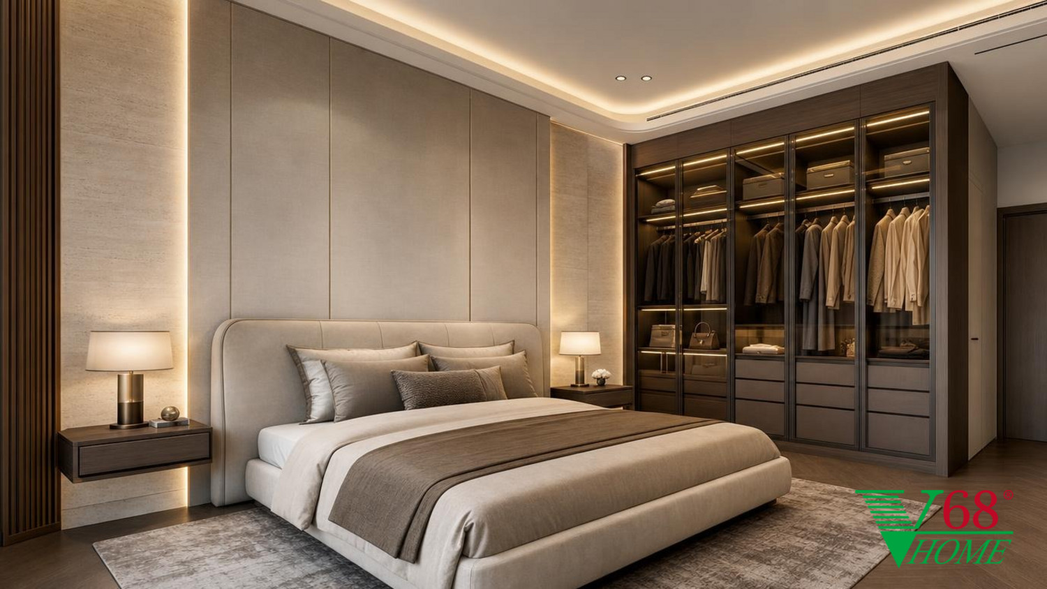 Phòng ngủ 1 Luxury hiện đại nội thất biệt thự hiện đại gỗ công nghiệp cao cấp bề mặt mờ, đá tự nhiên, da hoặc vải dệt, kính trà và kim loại màu champagne phối cảnh 3D V68 Home