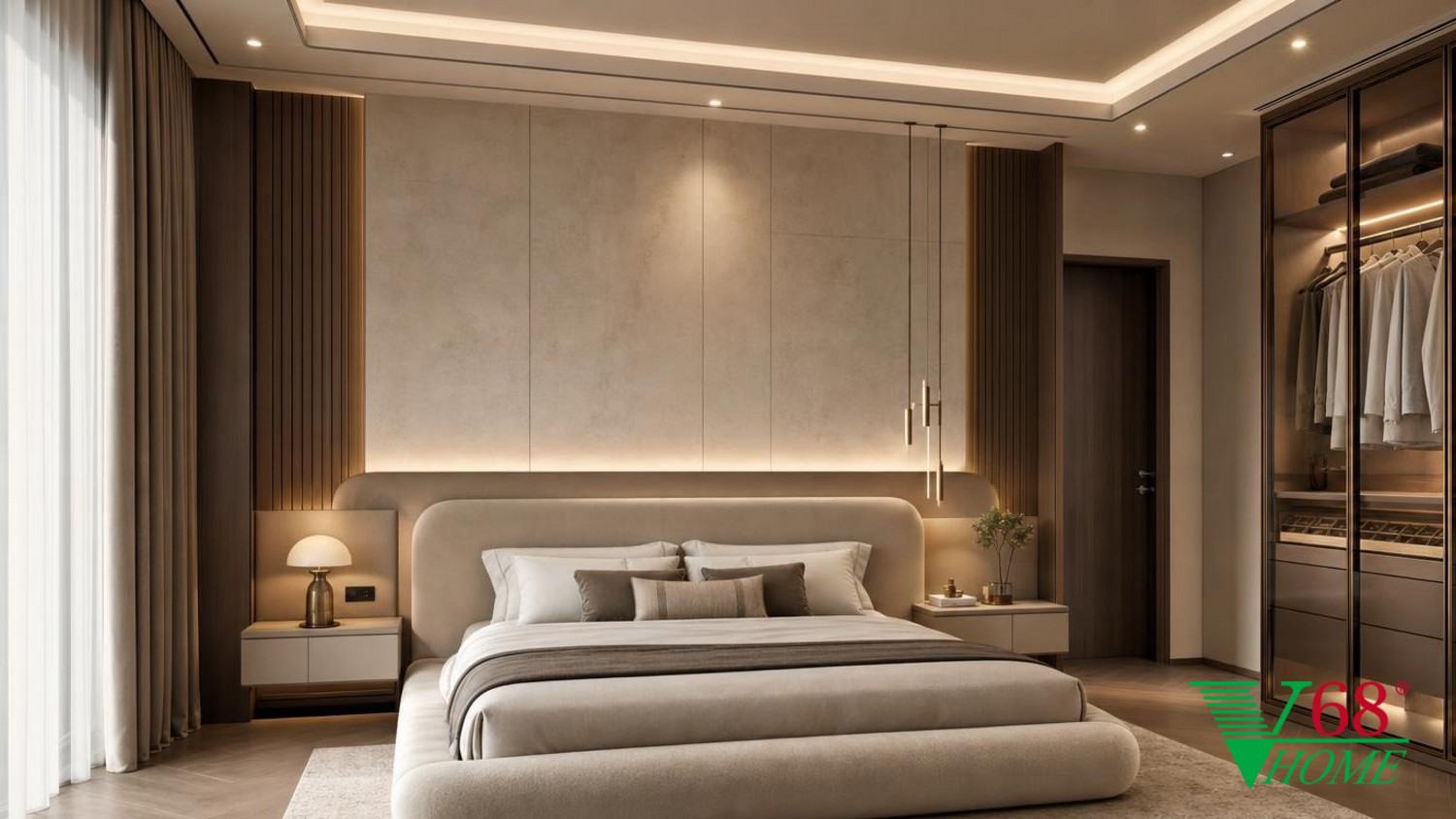 Phòng ngủ 1 Hiện đại sang trọng gỗ hoàn thiện mờ, đá tự nhiên, da, kính và kim loại cao cấp V68
