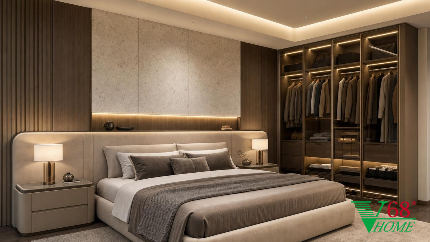 Phòng ngủ 1 Hiện đại sang trọng gỗ hoàn thiện mờ, đá tự nhiên, da, kính và kim loại cao cấp V68