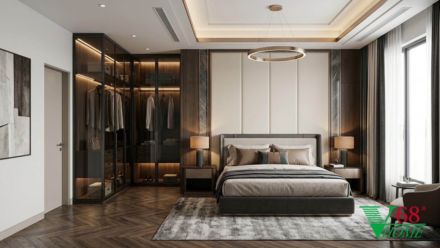 Phòng ngủ 1 Hiện đại sang trọng gỗ hoàn thiện mờ, đá tự nhiên, da, kính và kim loại cao cấp V68