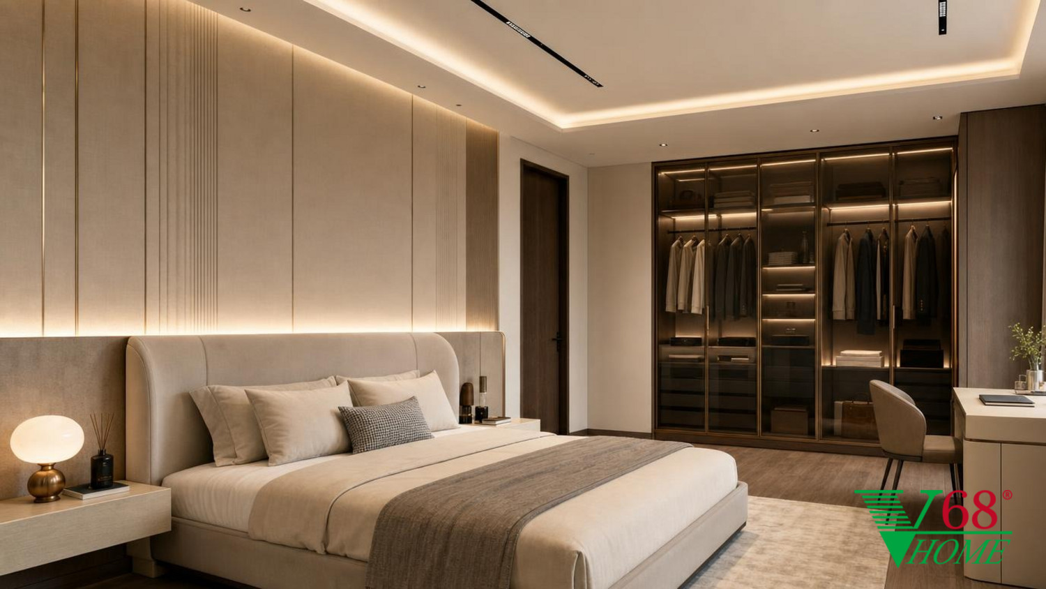 Phòng ngủ 2 Luxury hiện đại nội thất biệt thự hiện đại 2026 CONTEMPORARY QUIET LUXURY: premium An Cuong engineered-wood laminate/acrylic with phối cảnh 3D V68 Home