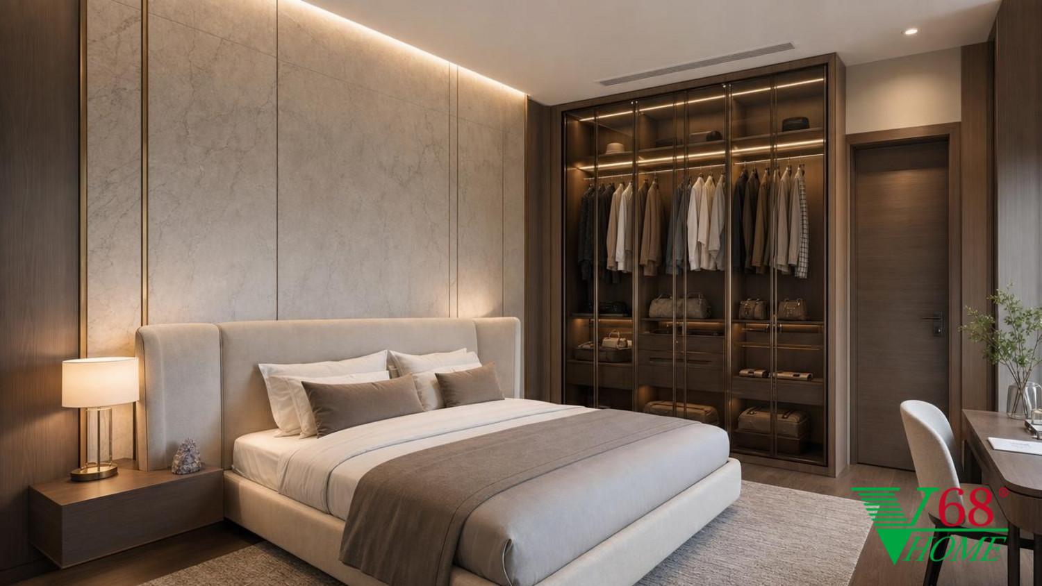 Phòng ngủ 2 Luxury hiện đại nội thất biệt thự hiện đại gỗ công nghiệp cao cấp bề mặt mờ, đá tự nhiên, da hoặc vải dệt, kính trà và kim loại màu champagne phối cảnh 3D V68 Home