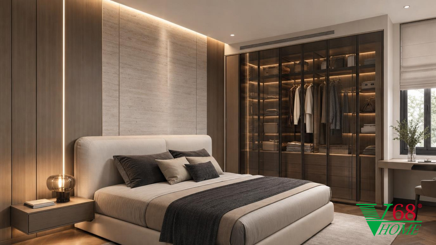 Phòng ngủ 2 Luxury hiện đại nội thất biệt thự hiện đại gỗ công nghiệp cao cấp bề mặt mờ, đá tự nhiên, da hoặc vải dệt, kính trà và kim loại màu champagne phối cảnh 3D V68 Home