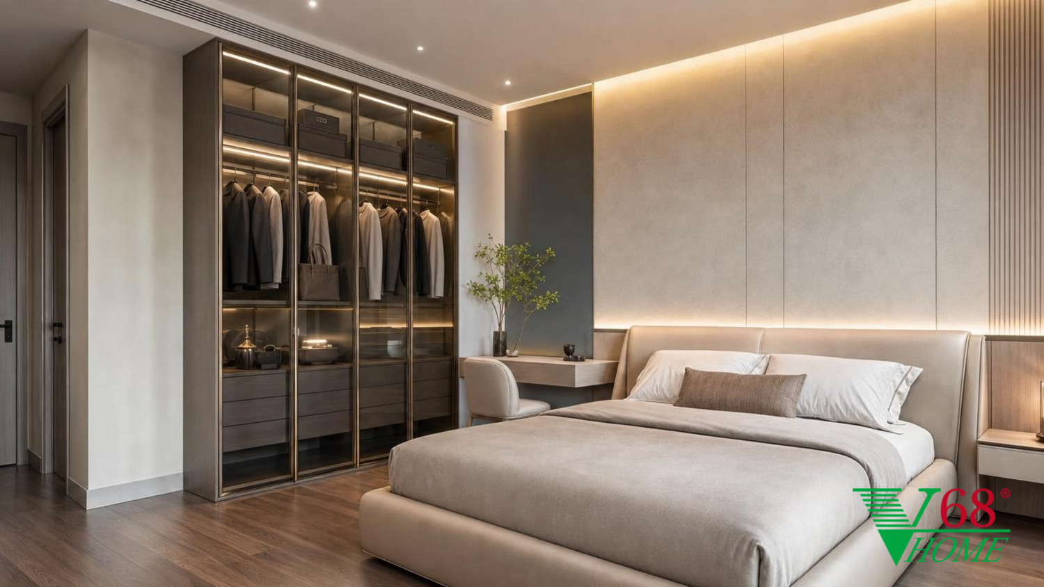 Phòng ngủ 3 Luxury hiện đại nội thất biệt thự hiện đại gỗ công nghiệp cao cấp bề mặt mờ, đá tự nhiên, da hoặc vải dệt, kính trà và kim loại màu champagne phối cảnh 3D V68 Home